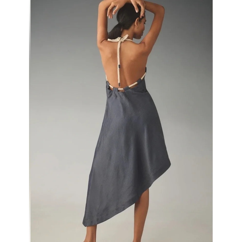 $168 LET ME BE Anthropologie Sz M Rope Neck Asymmetrical Denim Midi Dress Blue